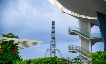 A vertical side-on view of the Singapore Flyer observation wheel framed by the modern white architecture and curved glass-railed balconies of Gardens by the Bay. In the foreground, lush green tropical plants and vibrant red flowers climb a white trellis under a cloudy blue sky.