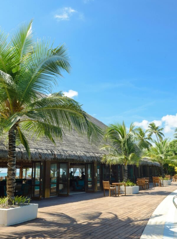 A wide-angle shot of a large, curved swimming pool with clear blue water at a tropical resort.